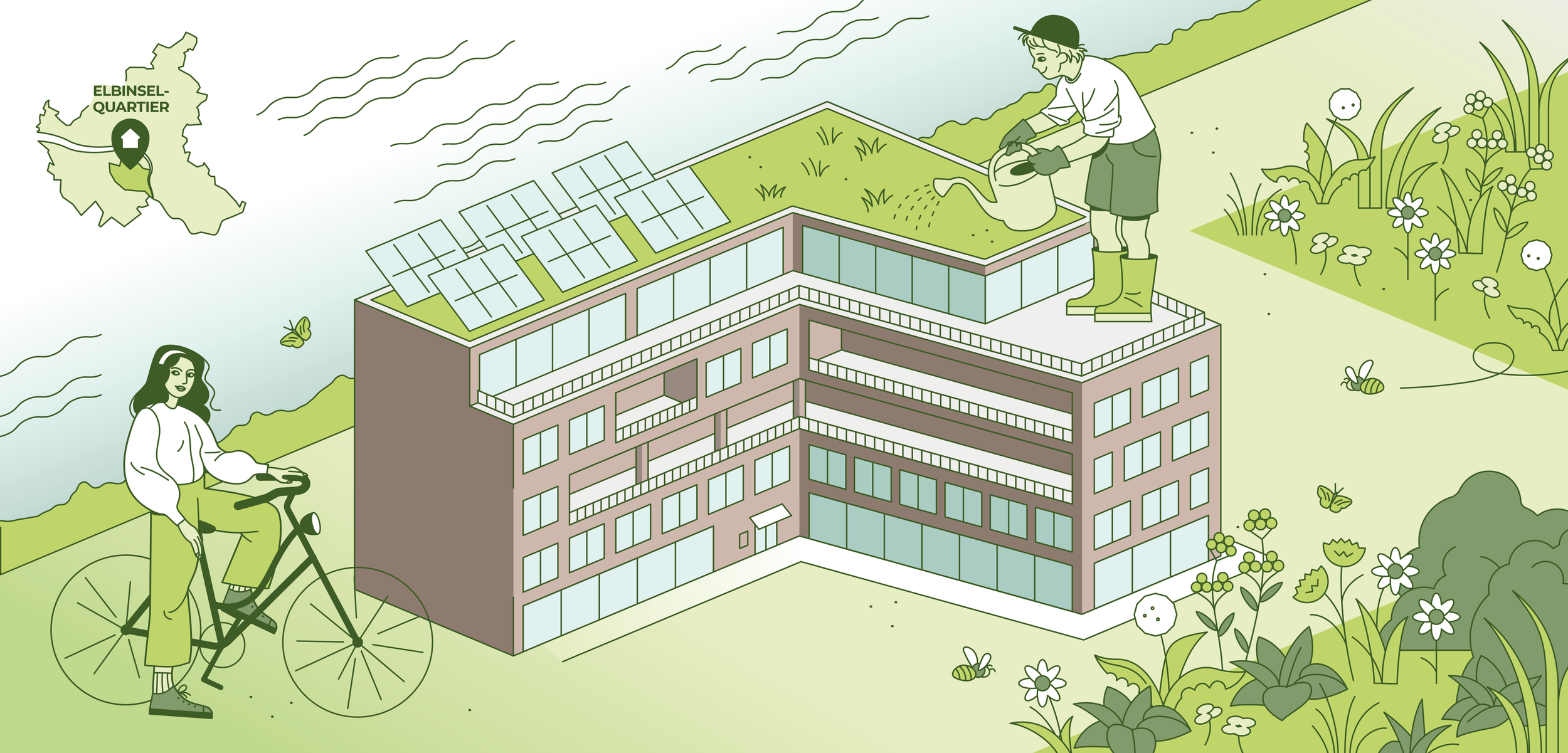 Comic-Illustration des Mahala-Hauses mit Garten und Dachterrasse aus einem früheren Entwurf